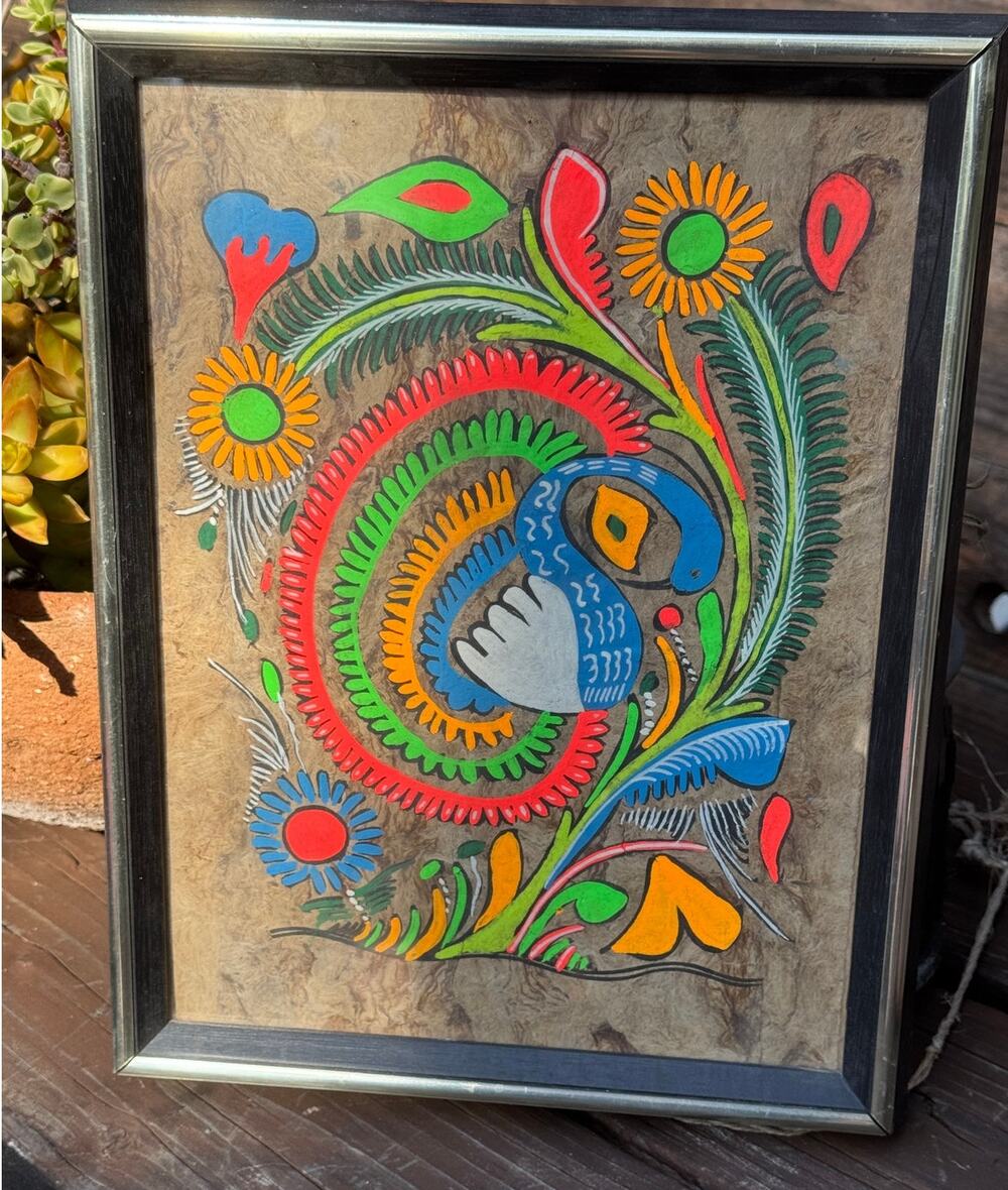 Vtg Mexican Amate Bark Painting Framed Folk Art Bird Flowers Boho 10x13"